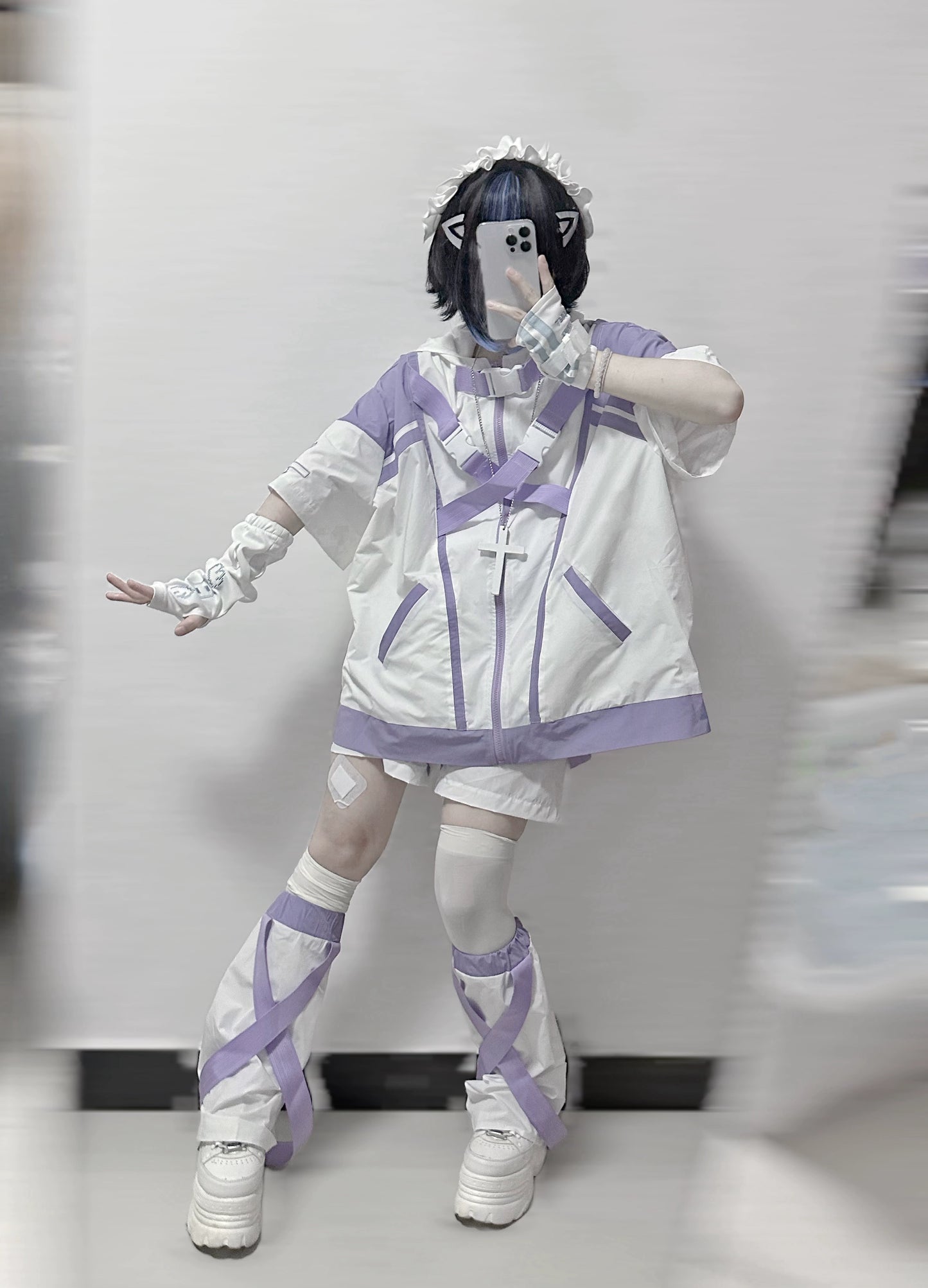 Jirai Kei Hoodie Set Oversize White Purple Sports Coat Set 37124:552954
