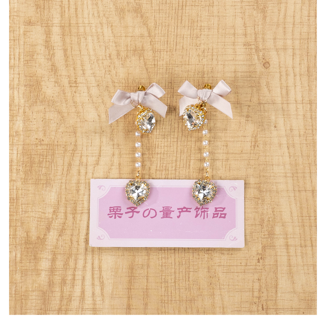 Jirai Kei Earrings Rhinestone Bow Pearl Chain Ear Clip 39658:647718