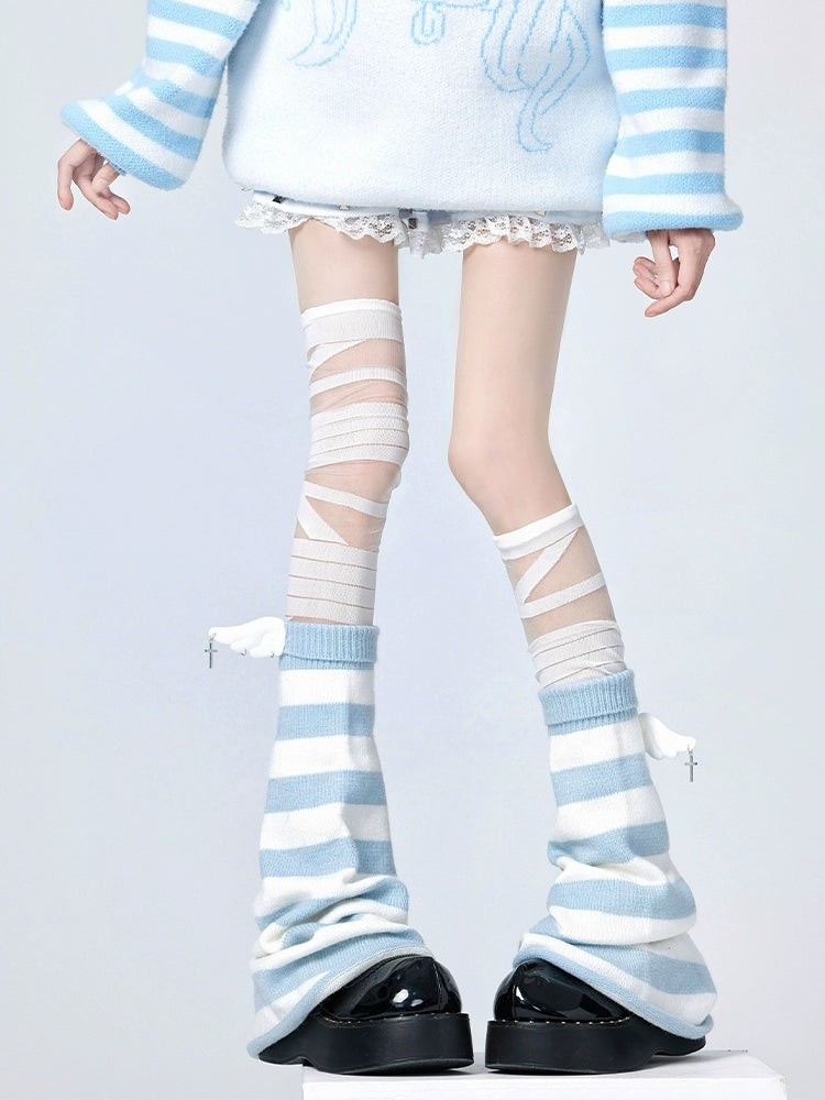 Punk Leg Warmers White Blue Stripes Leg Covers Tie-up Socks 36512:530042