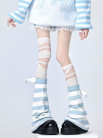 Punk Leg Warmers White Blue Stripes Leg Covers Tie-up Socks 36512:530042