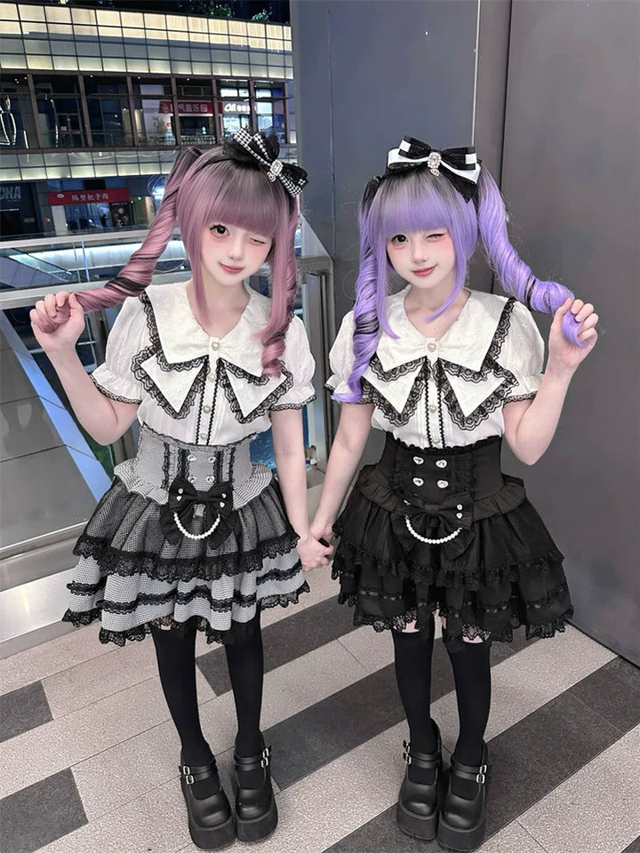 Jirai Kei Sailor Collar Blouse, Cinched Waist Tiered Skirt 45571:855955