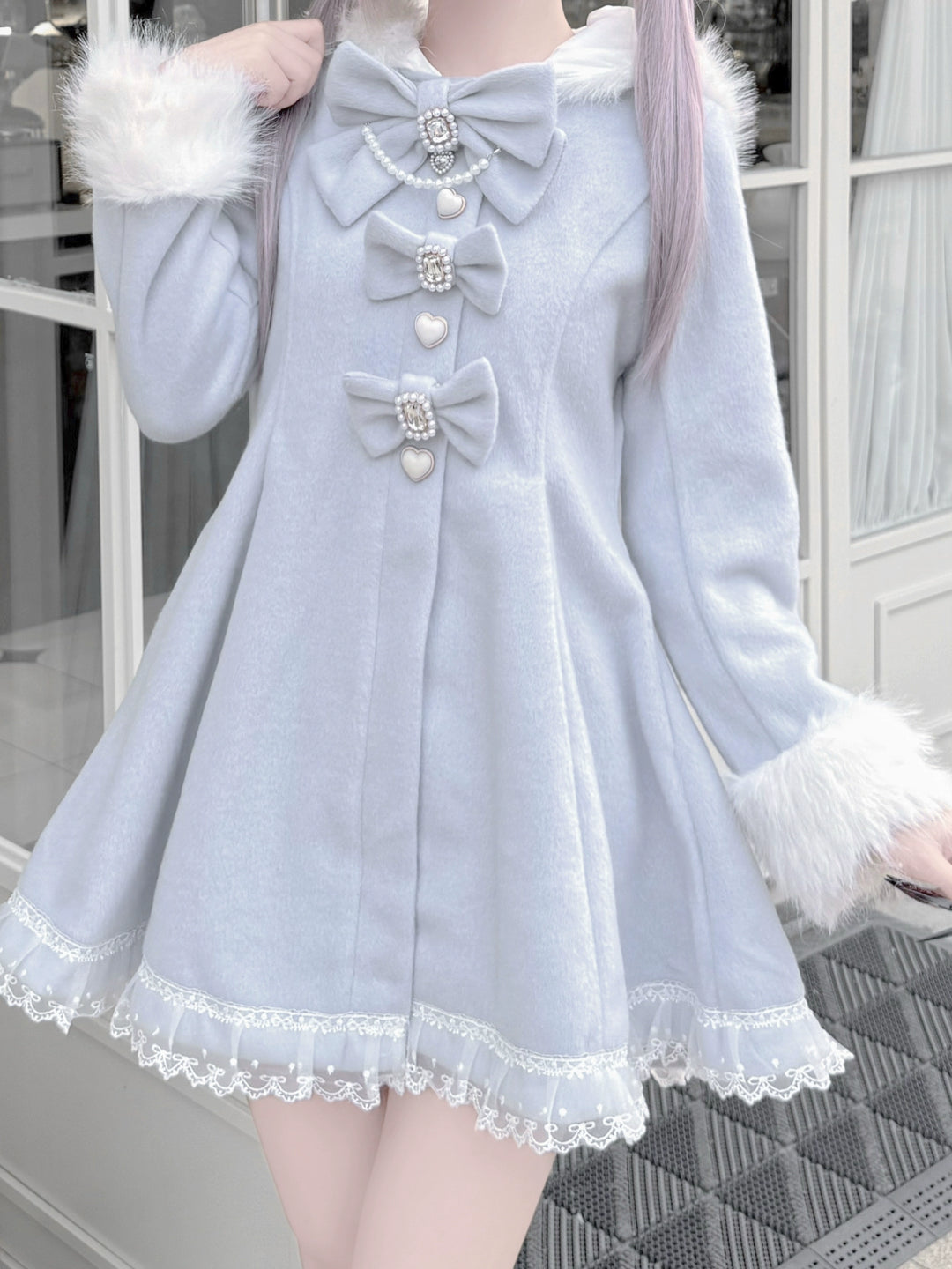 Wool-Blend Ryousangata Coat, Detachable Bunny Ear Hood 44014:793000