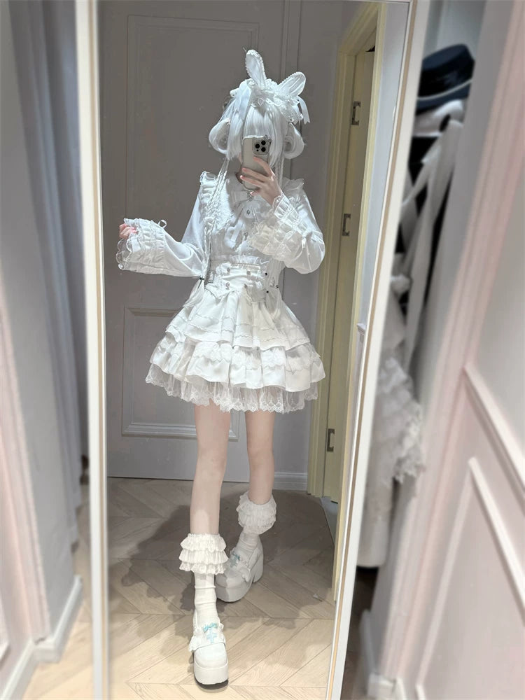 Jirai Kei Lace Blouse, High-Waist Tiered Skirt 44525:823075