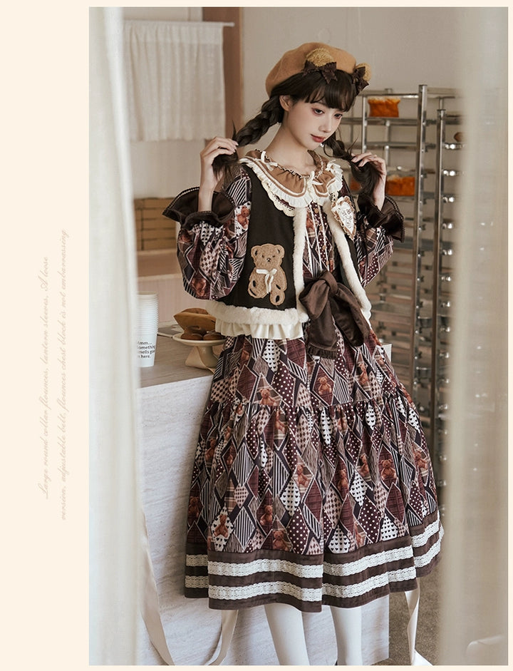 Lolita Dress Bear Embroidered Long Sleeve Dress And Vest 32068:382268 32068:382268