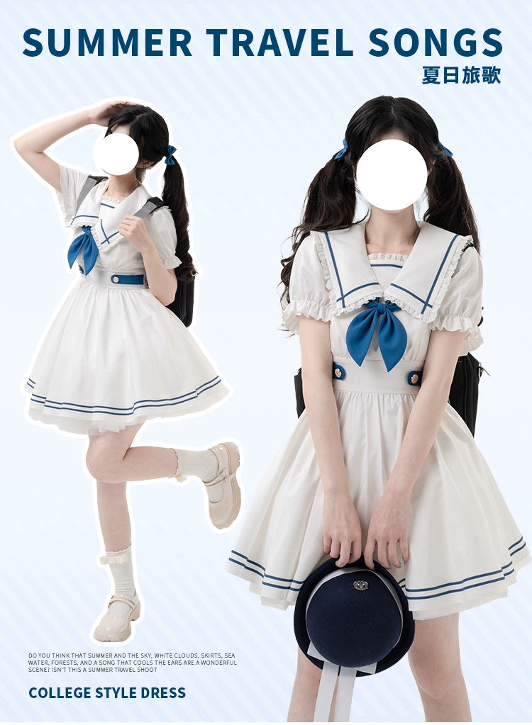 Preppy Dress Sailor Collar Dress White Short Sleeve Dress 36416:574334
