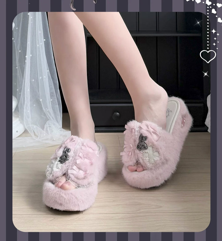 Jirai Kei Plush Wedge Platform Slippers, Bunny & Bow Accents 45959:870502