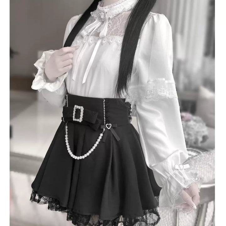 Jirai Kei Shirt Hollow-Out Lace Blouse Black Pearl Chain Skirt 42163:729276