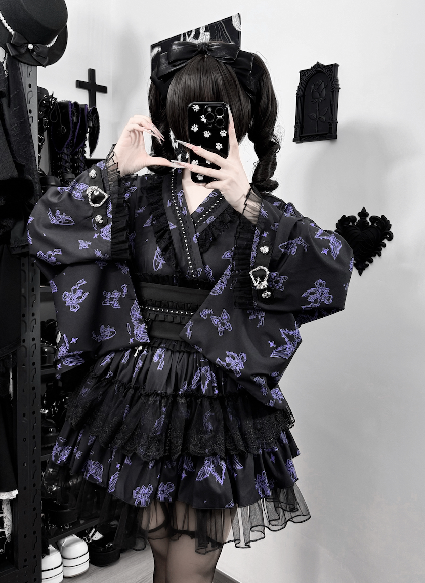 Gothic Blouse and Skirt Yukata Set, Wing Print (L M) 45129:835602