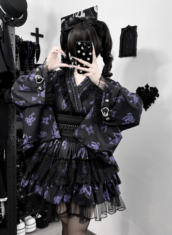 Gothic Blouse and Skirt Yukata Set, Wing Print (L M) 45129:835602