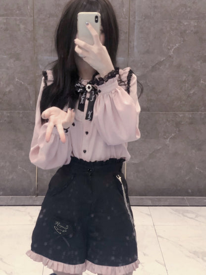 Jirai Kei Lace Collar Long Short Sleeve Blouse and Shorts (L M S XL XXL) 21648:314856