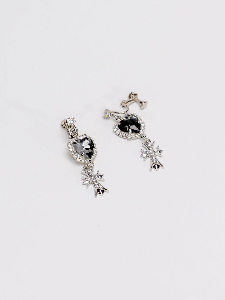 Jirai Kei Heart-Shaped Rhinestone Cross Earrings 21626:310026 21626:310026