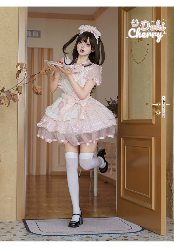 Plaid Jirai Kei OP Dress in Maid Style with Removable Apron 43004:763138