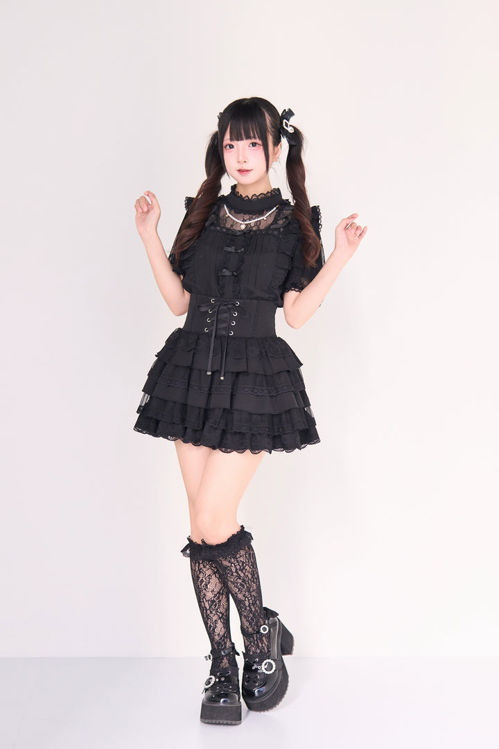 Jirai Kei Pearl Necklace Blouse & Lace-up Cake Skirt Set 43019:765667