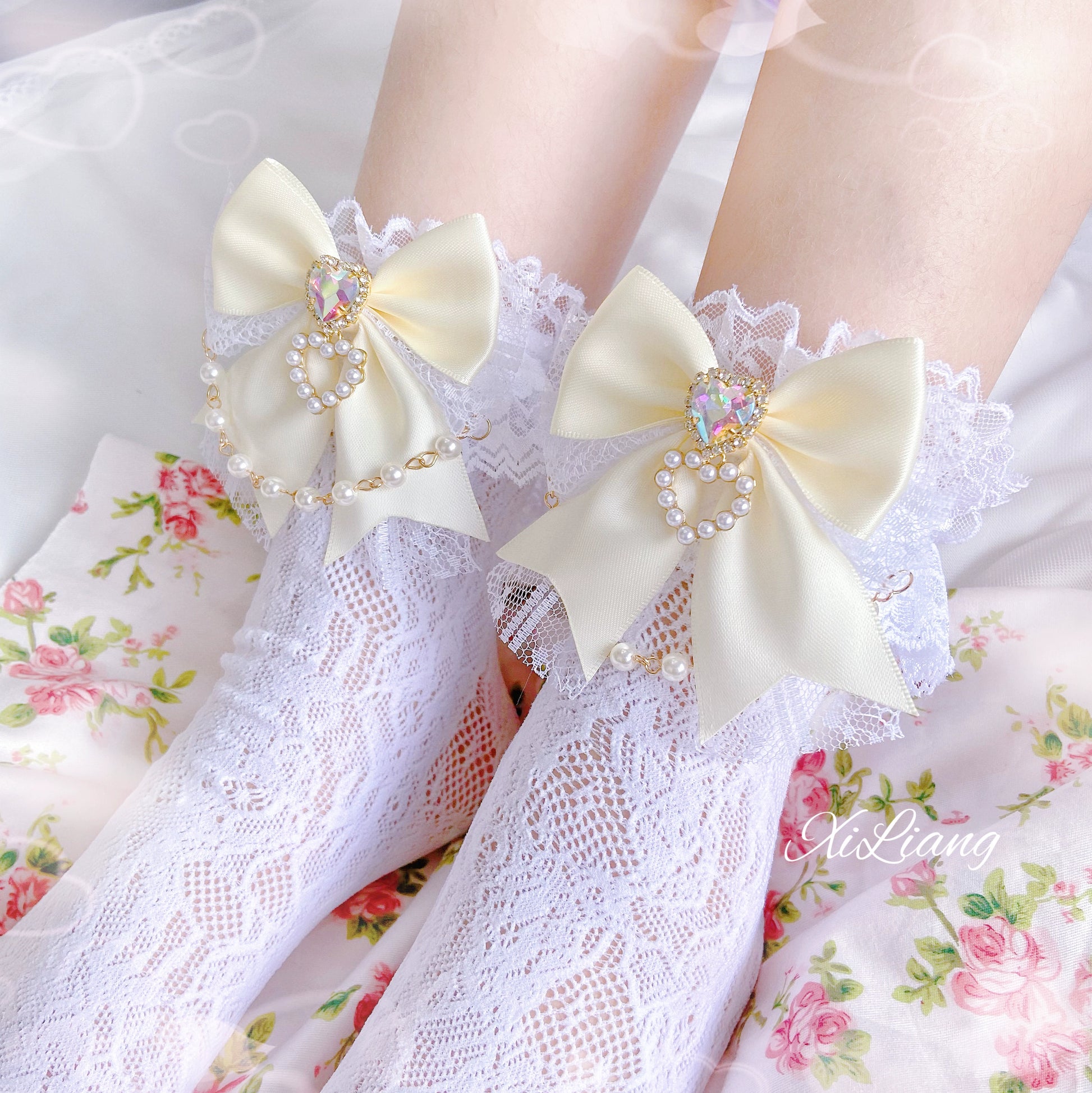 Jirai Kei Handmade Bow Pearl Heart Lolita Lace Socks 28904:326732