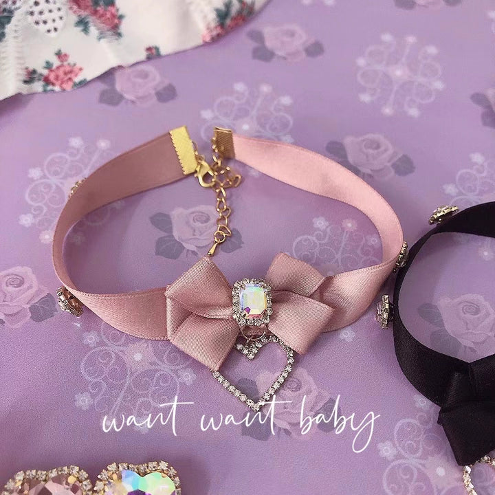 Jirai Kei Pink Black Bow Rhinestone Necklace Choker (Pink) 21762:313068 (Pink) 21762:313068