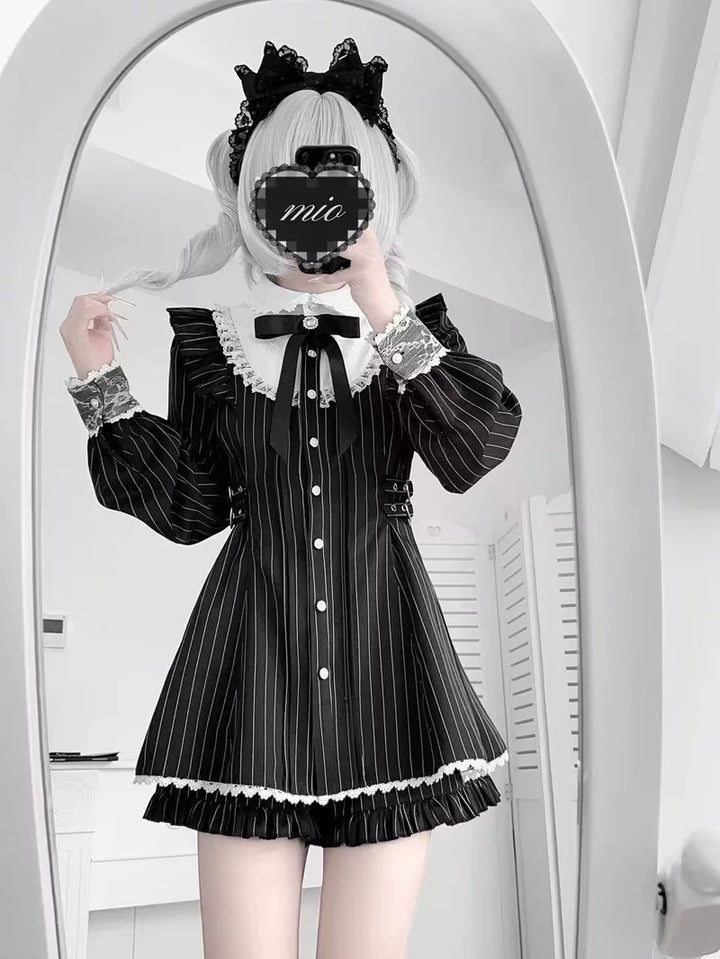 Jirai Kei Striped Dress, Lace Trim and Ruffles (2XL L M S XL) 45369:848094