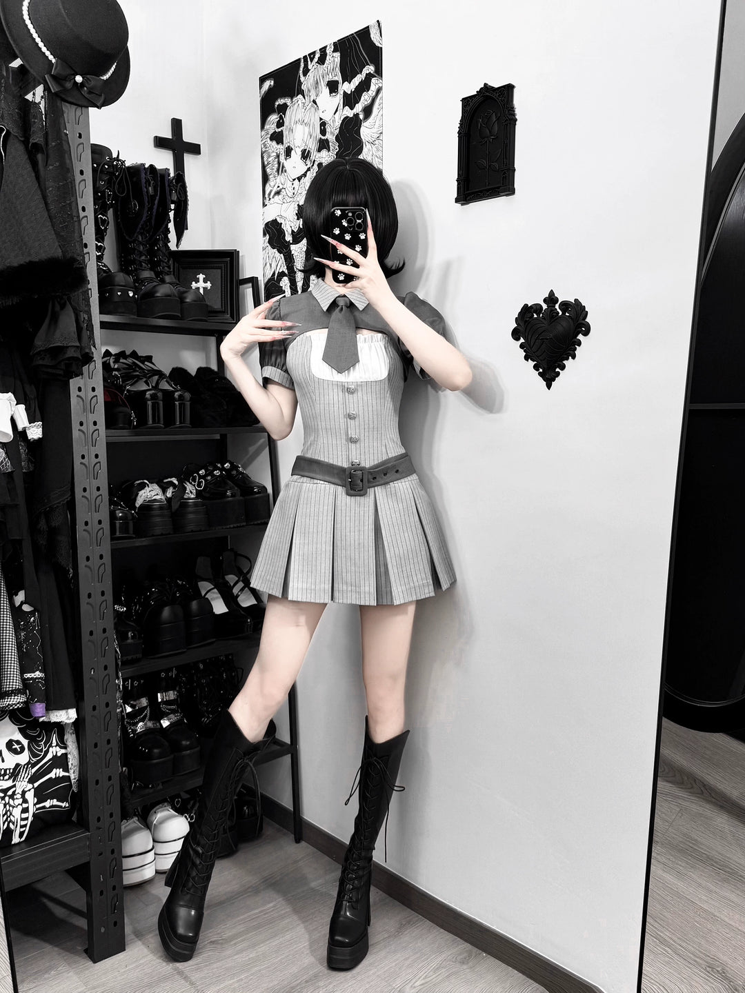 Jirai Kei Gray Striped Dress, Puff Sleeve Bolero 44808:829288