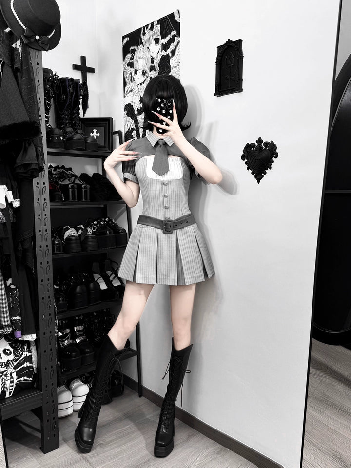 Jirai Kei Gray Striped Dress, Puff Sleeve Bolero 44808:829288