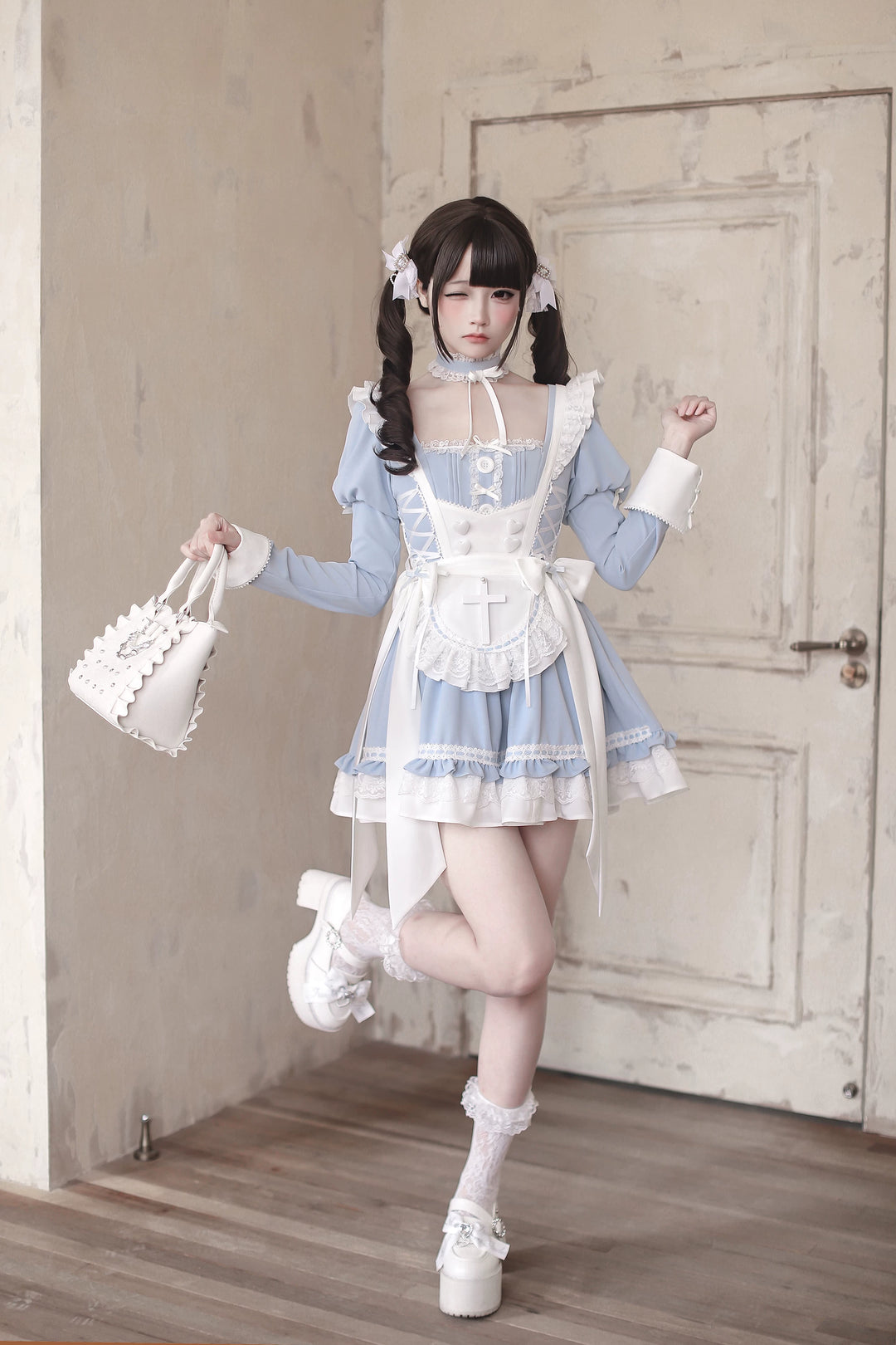 Ryousangata Water Blue Dress Set, Detachable Apron 44927:828871