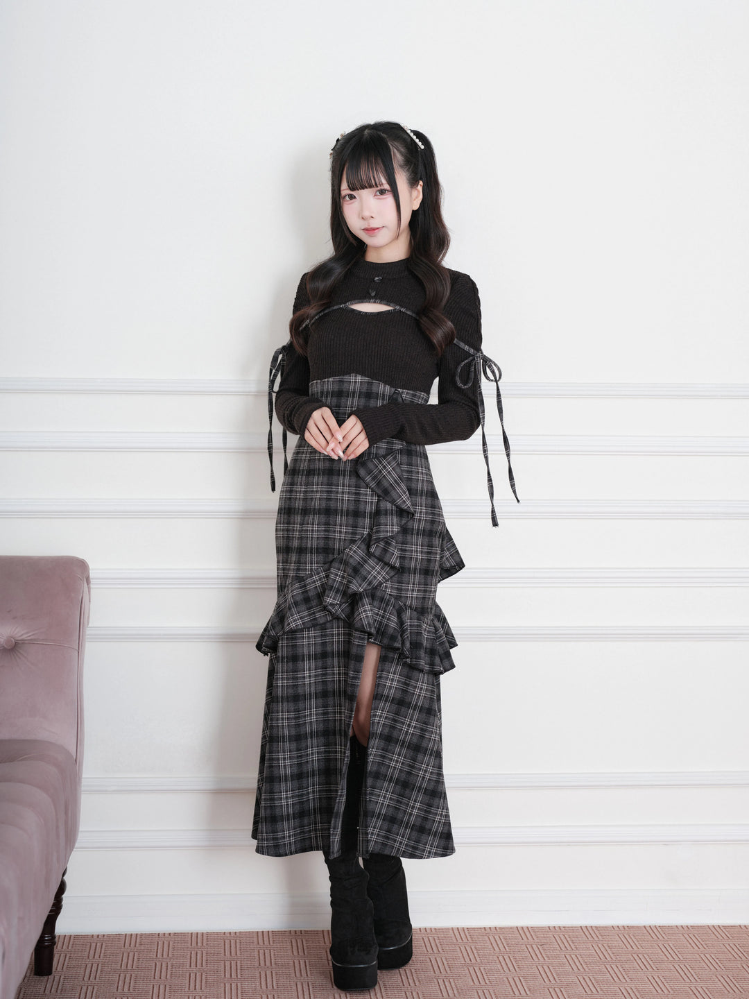 Jirai Kei Plaid Dress, Chest Cutout & Flounce Slit Hem 45956:869350