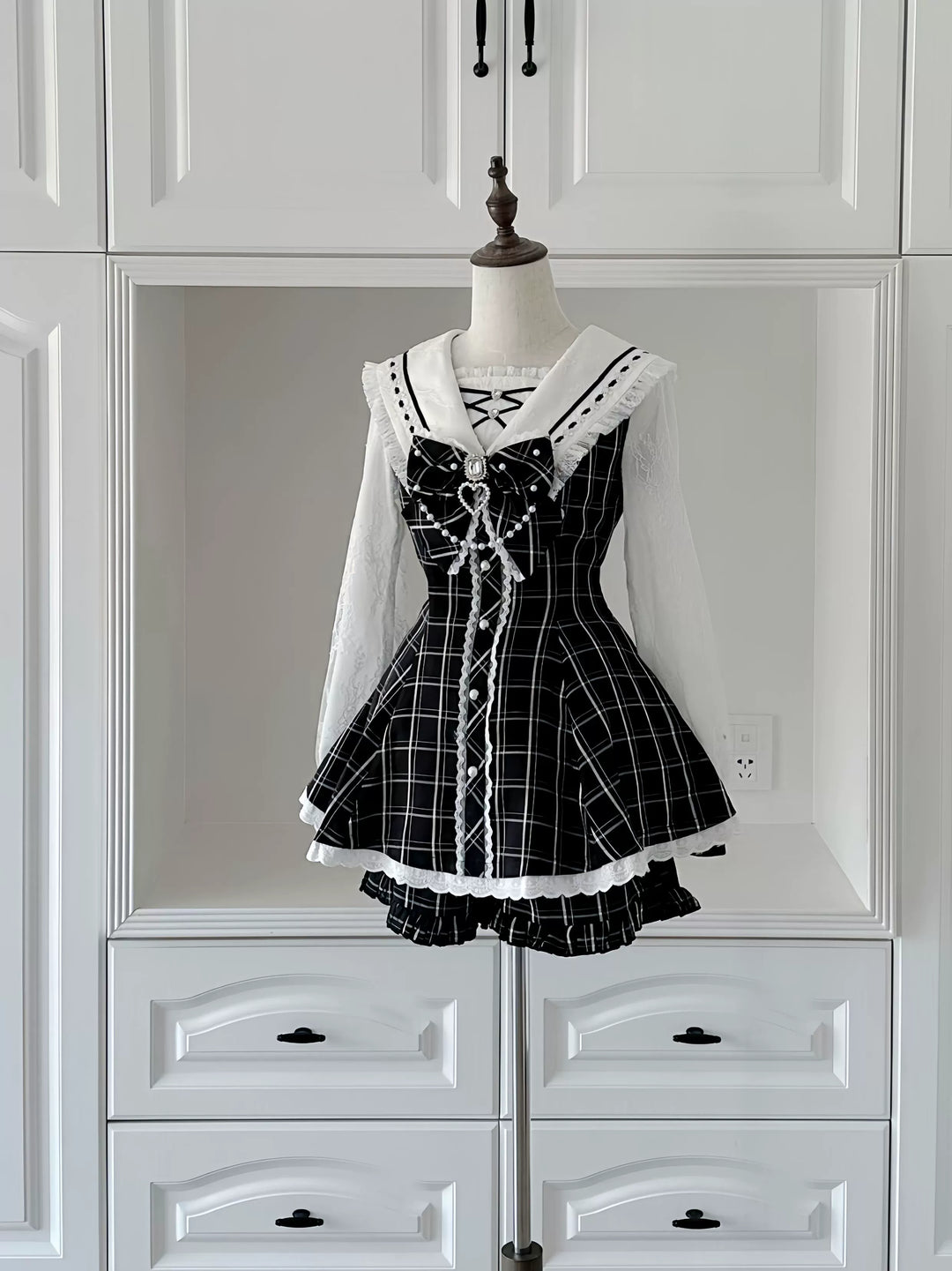 Sailor Collar Ryousangata Set Up, Lace Sleeves (Plaid / 2XL L M S XL / In-stock Pre-sale) 43785:785602