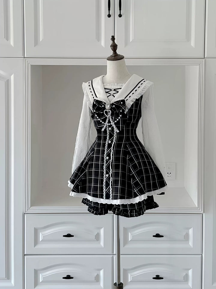 Sailor Collar Ryousangata Set Up, Lace Sleeves (Plaid / 2XL L M S XL / In-stock Pre-sale) 43785:785602