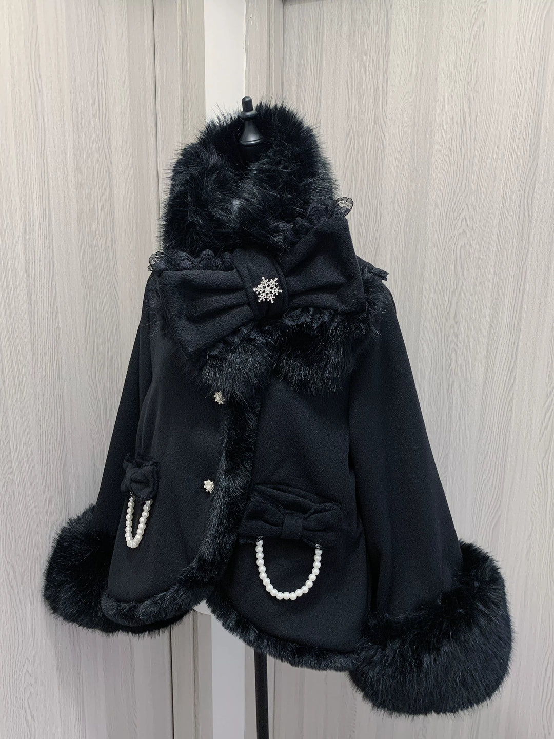 Jirai Kei Wool Coat Fur Collar Big Bow Knot Winter Coat 40572:674280