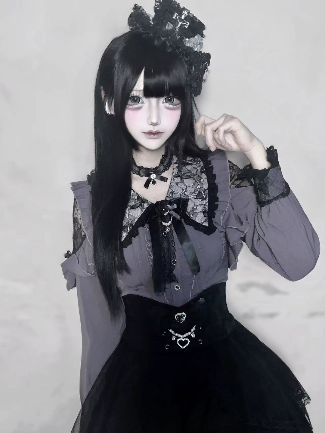 Jirai Kei Long Sleeve Blouse, Lace Open-Shoulder 44588:815083