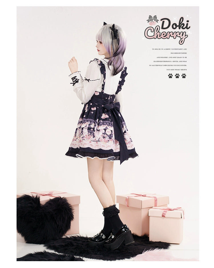 Kawaii Ryousangata Dress Long-sleeved Cat Printed OP Dress 40560:665188