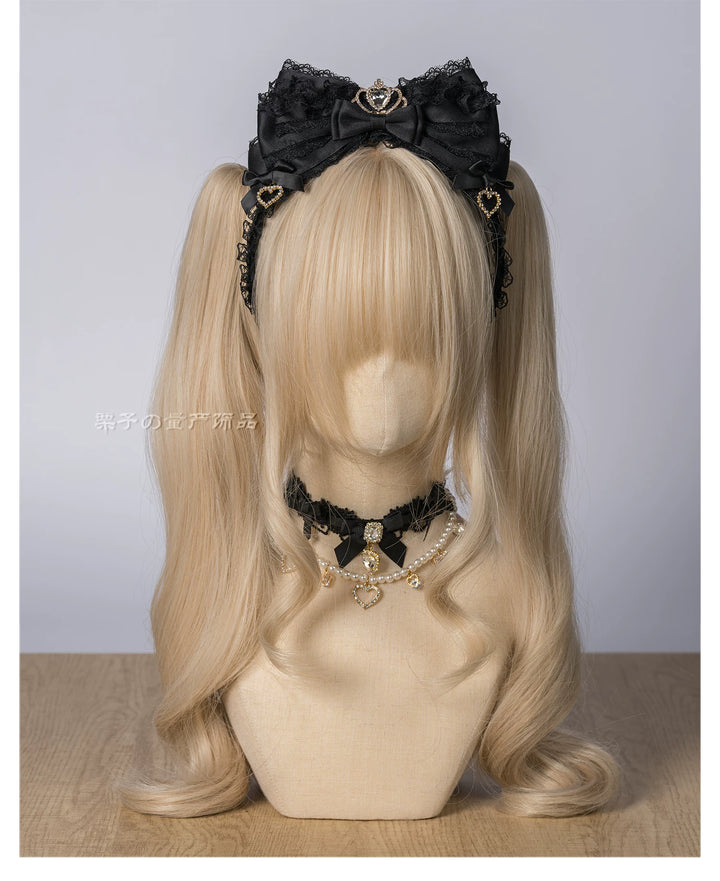 Jirai Kei Layered Bow Lace Headband, Crown & Heart Rhinestone 45960:870841