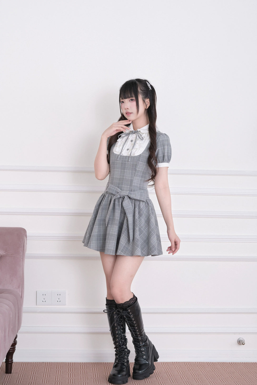 Summer Jirai Kei Plaid Dress, Layered Ruffle Chest 45197:839838