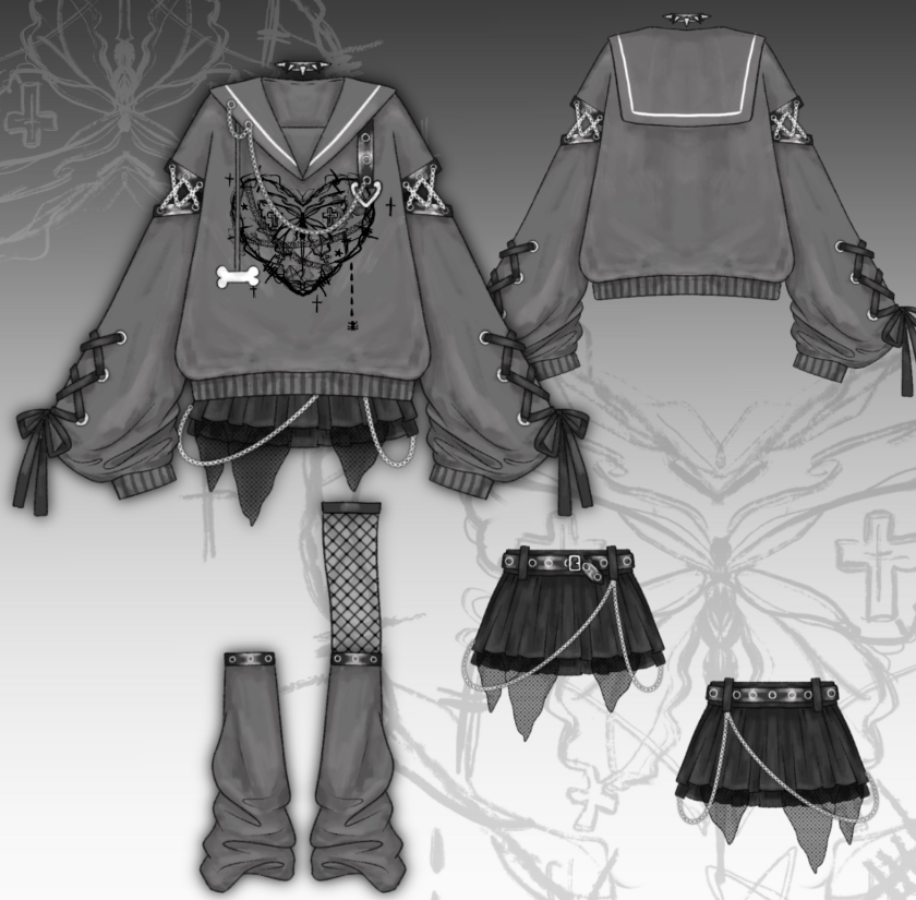 Jirai Kei Outfit Set Gothic Sailor Collar Sweatshirt Set 35762:517388