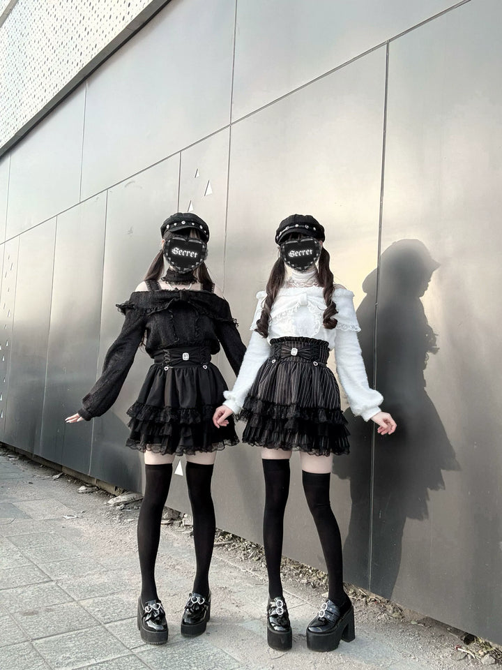 Open-Shoulder Plush Top, Choker with Pearl-Like Chain 44114:801548