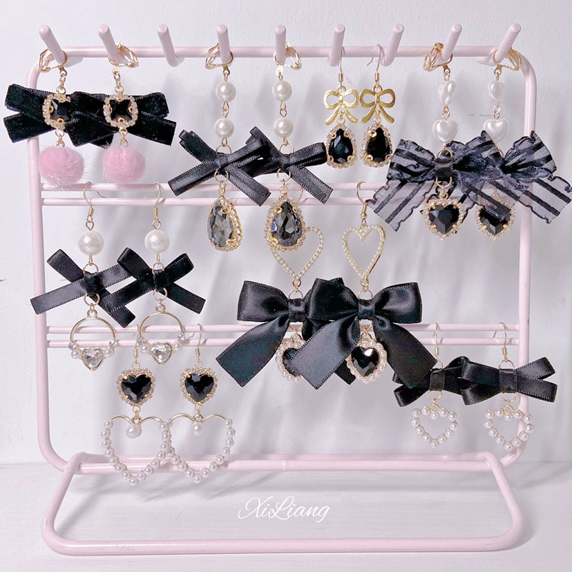 Black Jirai Kei Earrings Heart Rhinestone Bow Ear Clips 33796:449932 33796:449932