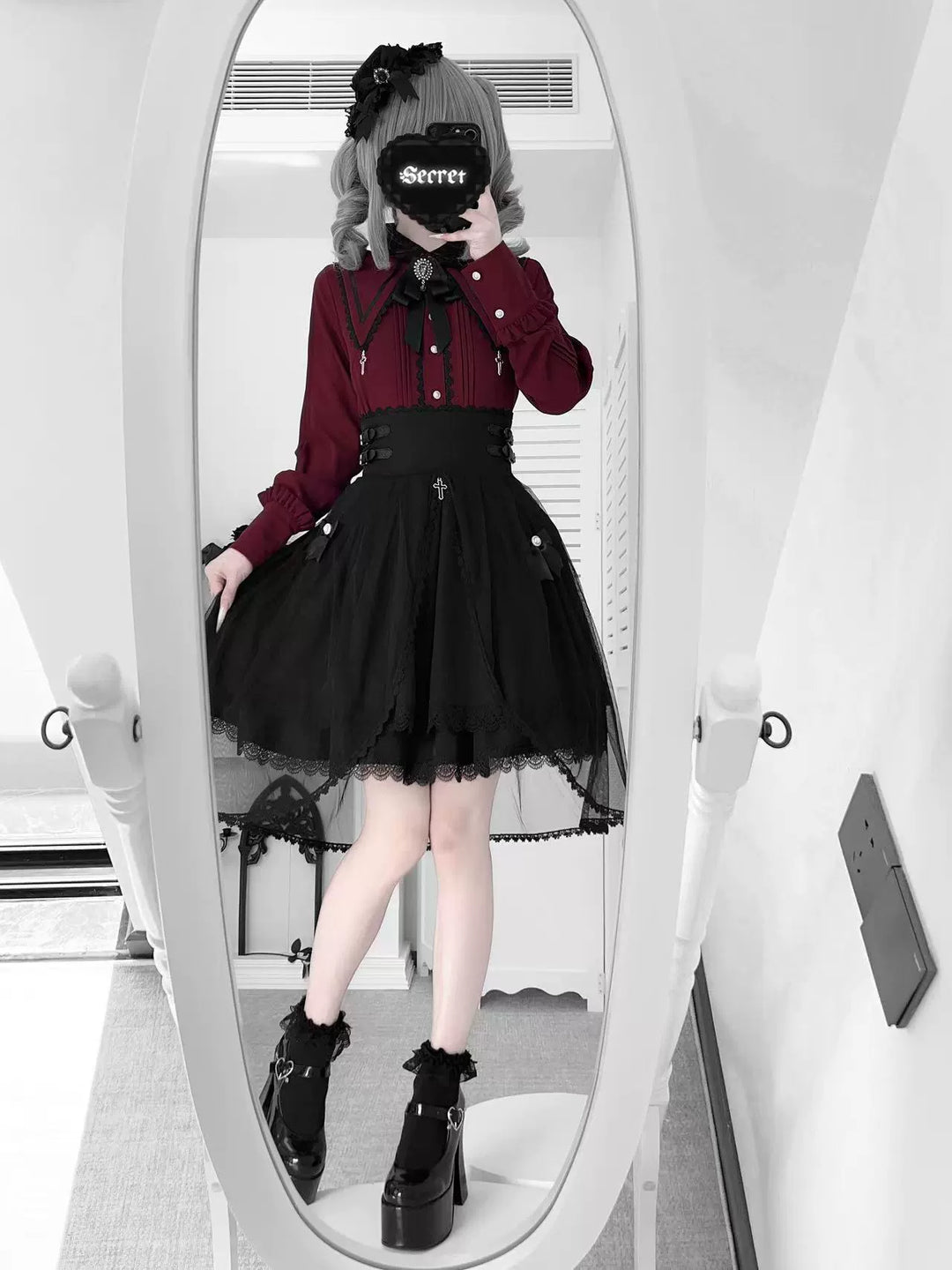 Jirai Kei Pointed Collar Blouse, Black High-Waist Skirt 44216:804928