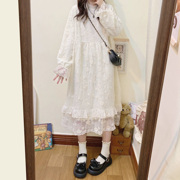 Mori Kei Dress Lace Long Sleeve Fleece-Lined Dress 39434:635852