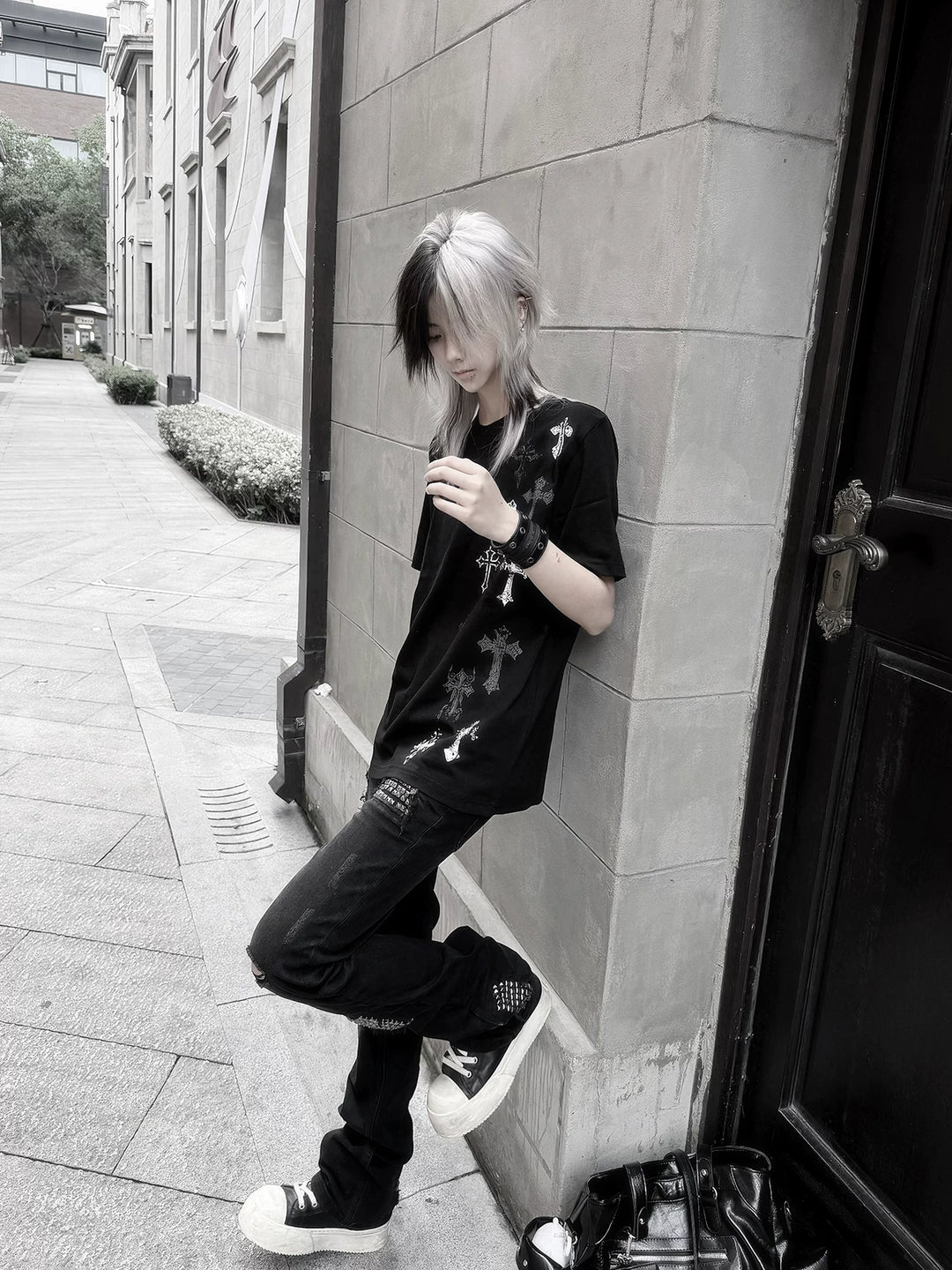 Cotton Subculture Cross Printed T-Shirt, Regular Shoulder 45696:859101