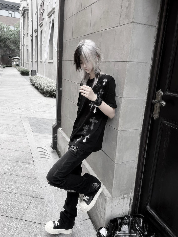Cotton Subculture Cross Printed T-Shirt, Regular Shoulder 45696:859101