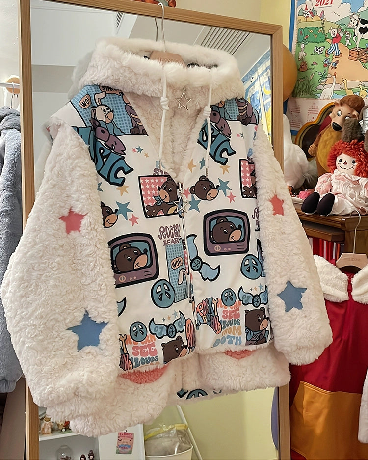 Kawaii Winter Coat Thickened Print Reversible Hooded Coat 39796:640918