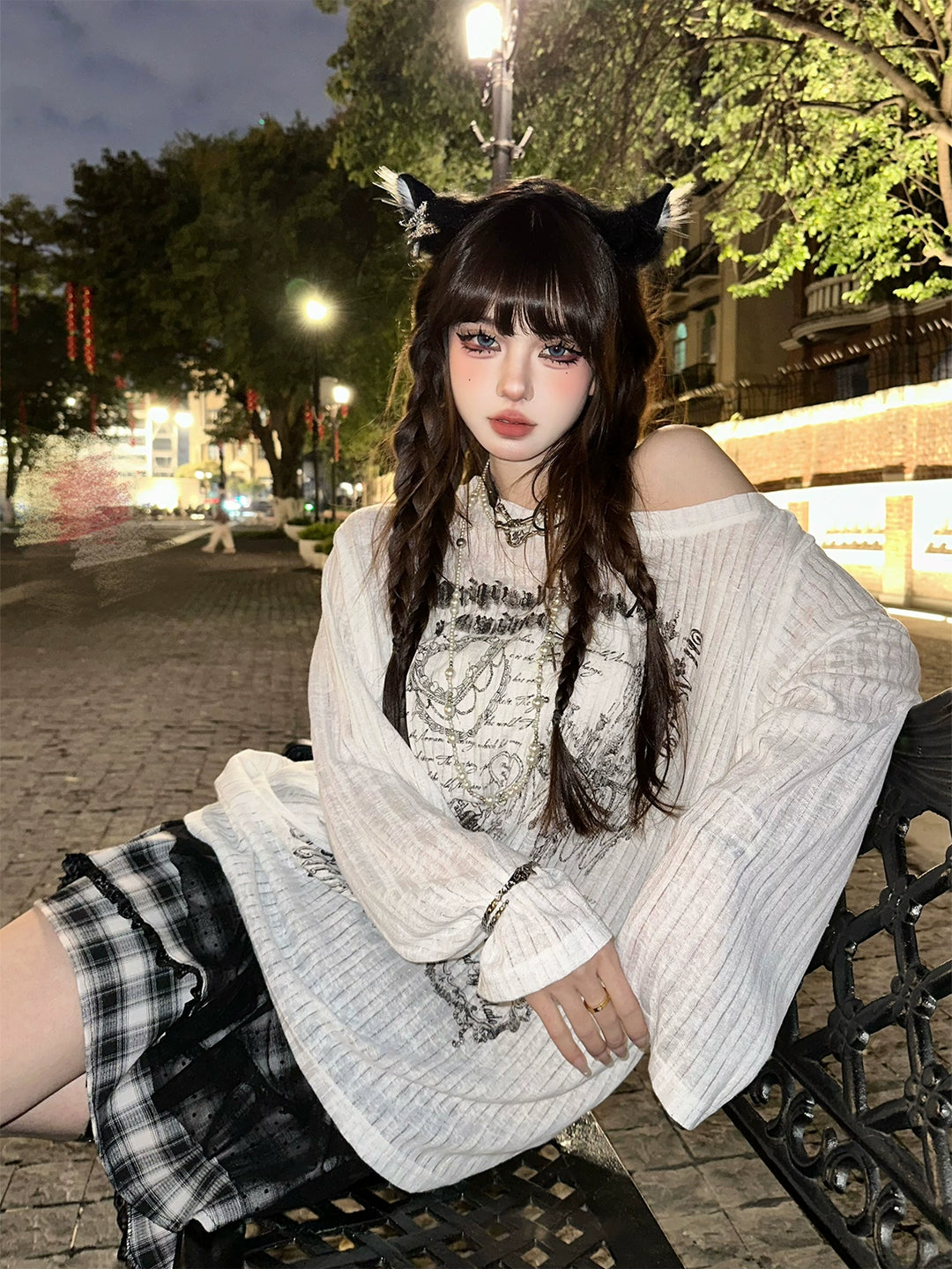 Gyaru Skirt Black Plaid Irregular Polka Dot Mesh Skirt 41996:721968