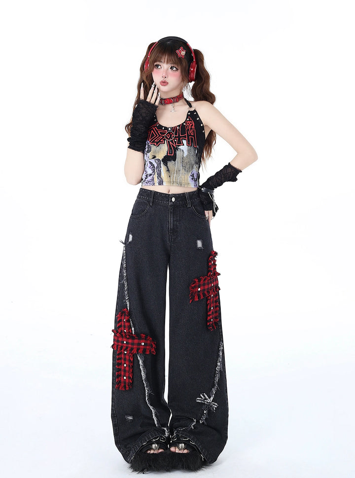 Punk Wide-Leg Pants Subculture Trousers Black Straight Jeans 39548:632770