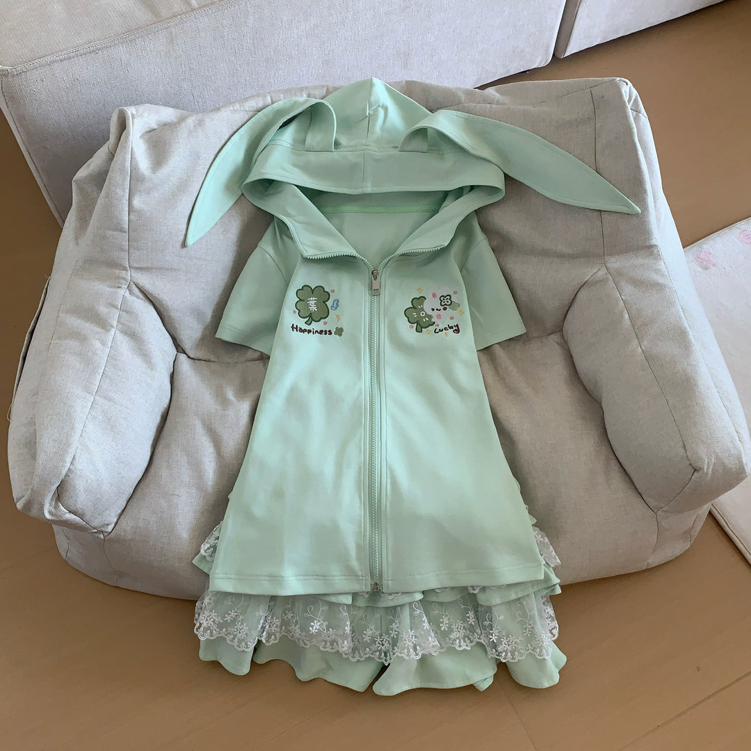 Bunny Eared Kawaii Outfit, Zip-Up Sweatshirt + Lace Skirt 43558:779751