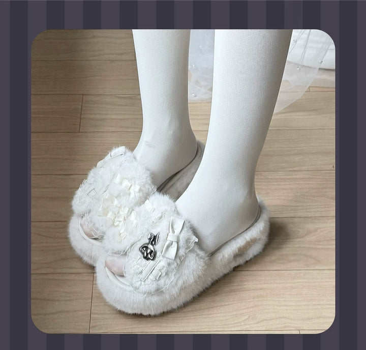 Jirai Kei Platform Wedge Slippers, Bunny Ears & Cross 46071:875432