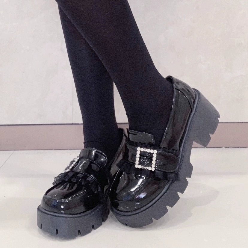 Jirai Kei Black Round-Toe Mid-Heel Platform Shoes 21662:311804