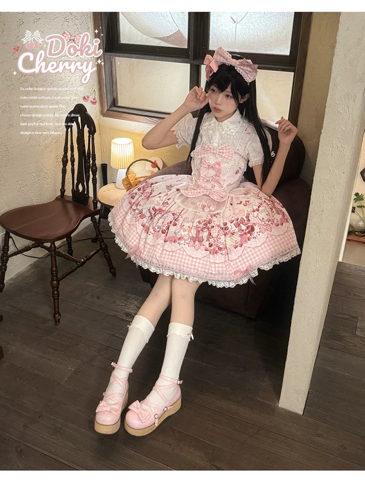 Kawaii Lolita Bunny Print JSK Dress, Detachable Apron (L M S) 45164:838495