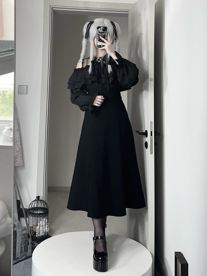 Gothic Black Open-Shoulder Long Dress 44168:798399