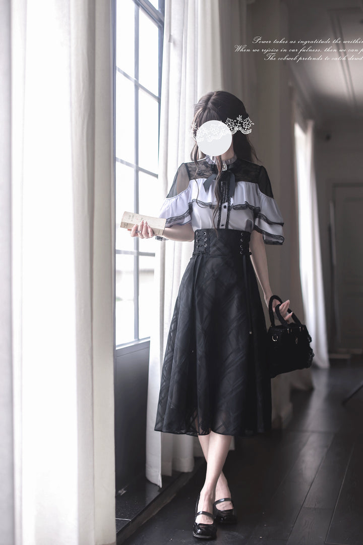 Black Long Jirai Kei Skirt With Elegant Purple Cape Blouse 43111:766073