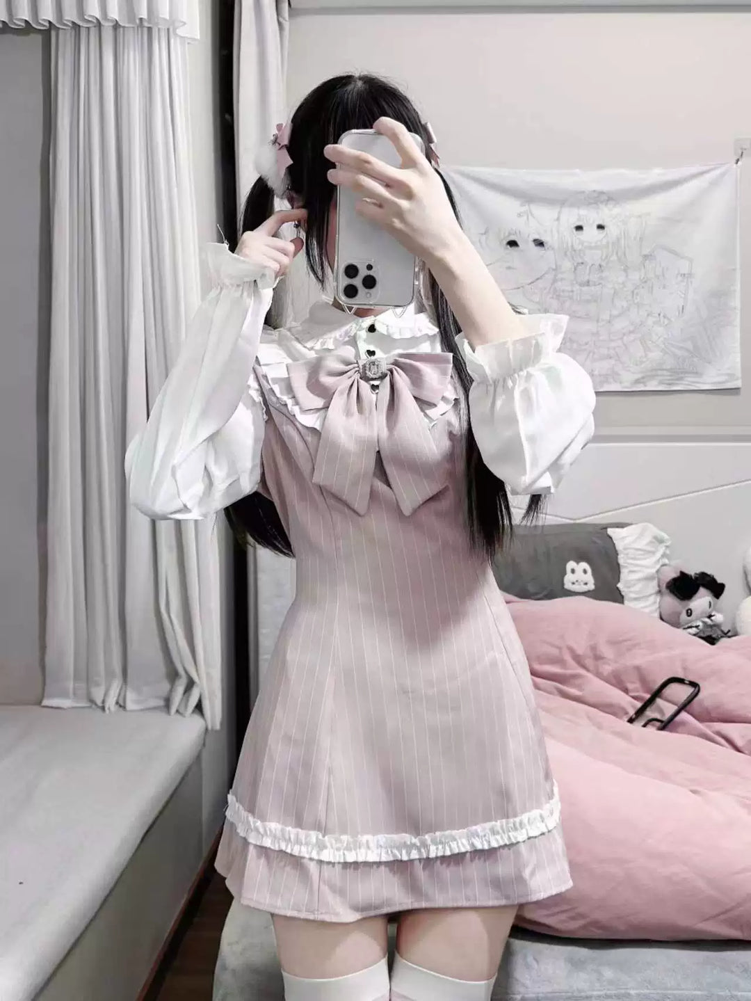 Pink Striped Jirai Kei Dress, Mock Two-Piece (Pink / 2XL L M S XL) 44892:826618