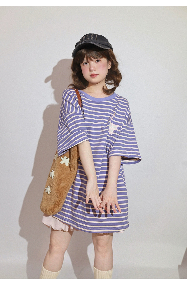 Kawaii Aesthetic Shirt Striped Short Sleeve Cotton Top 36562:518420