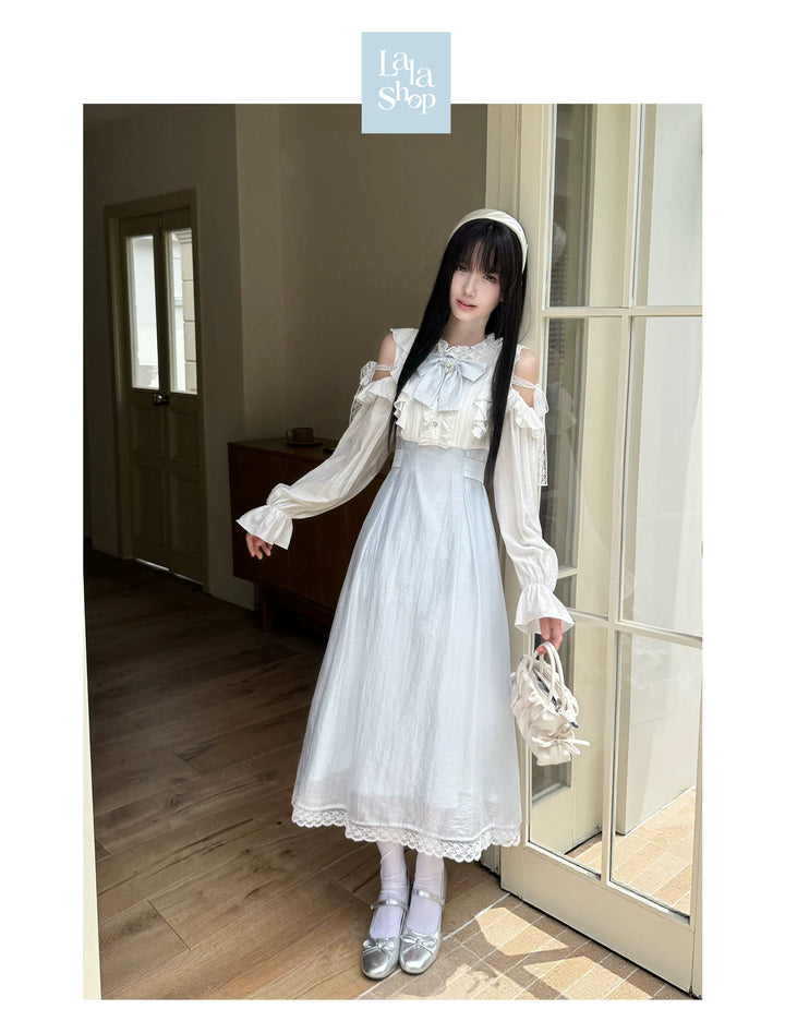 Seiso Kei Open Shoulder Dress, Blue & White Color Spliced 45752:861371